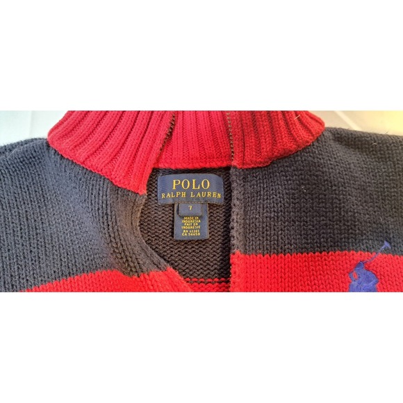 Polo Ralph Lauren Kids Navy Red Striped Quarter Zip Sweater Pony Logo Size 7 - Picture 6 of 9